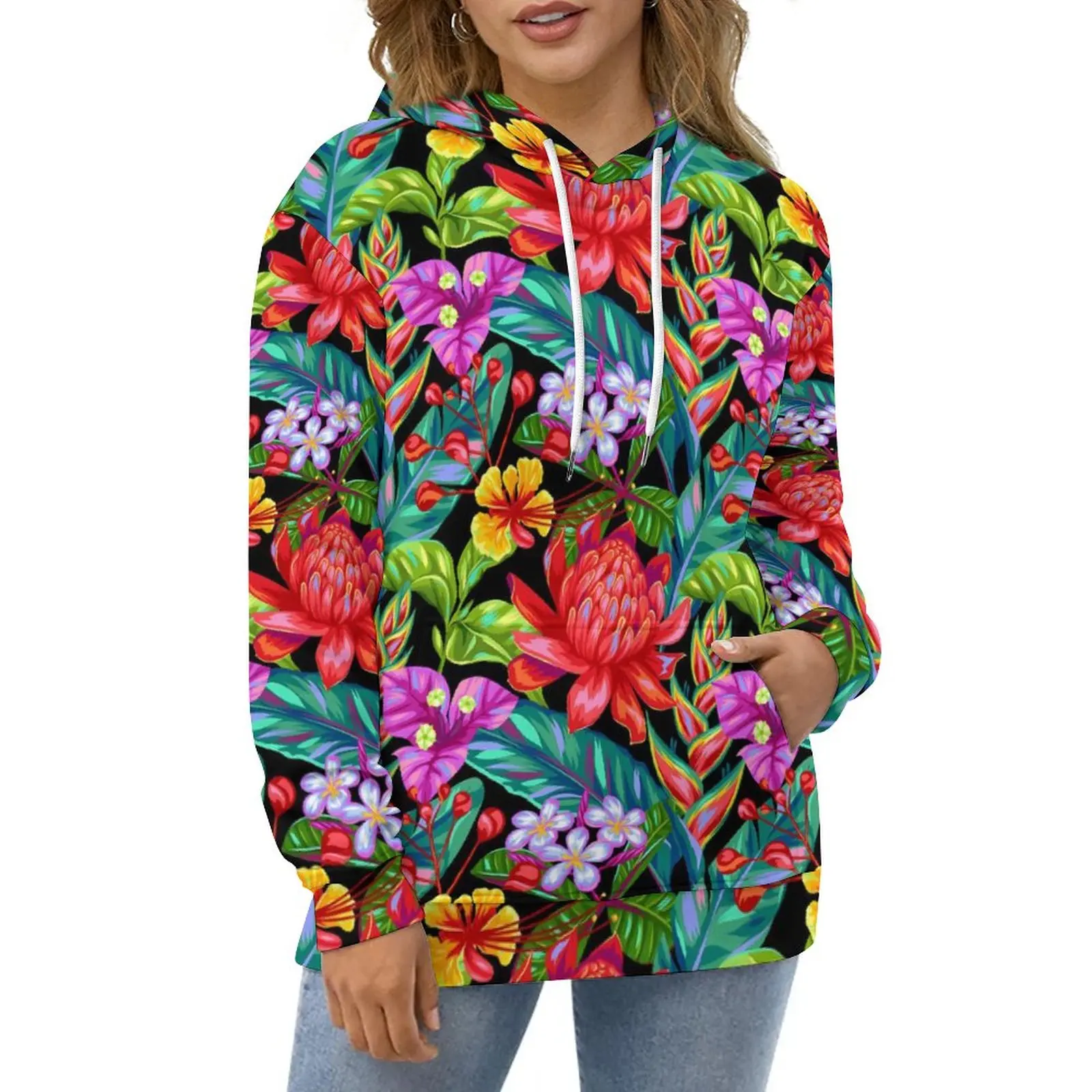 

Tropical Floral Hoodies Red Flower Print Street Style Casual Hoodie Long Sleeve Y2k Graphic Hooded Sweatshirts Gift
