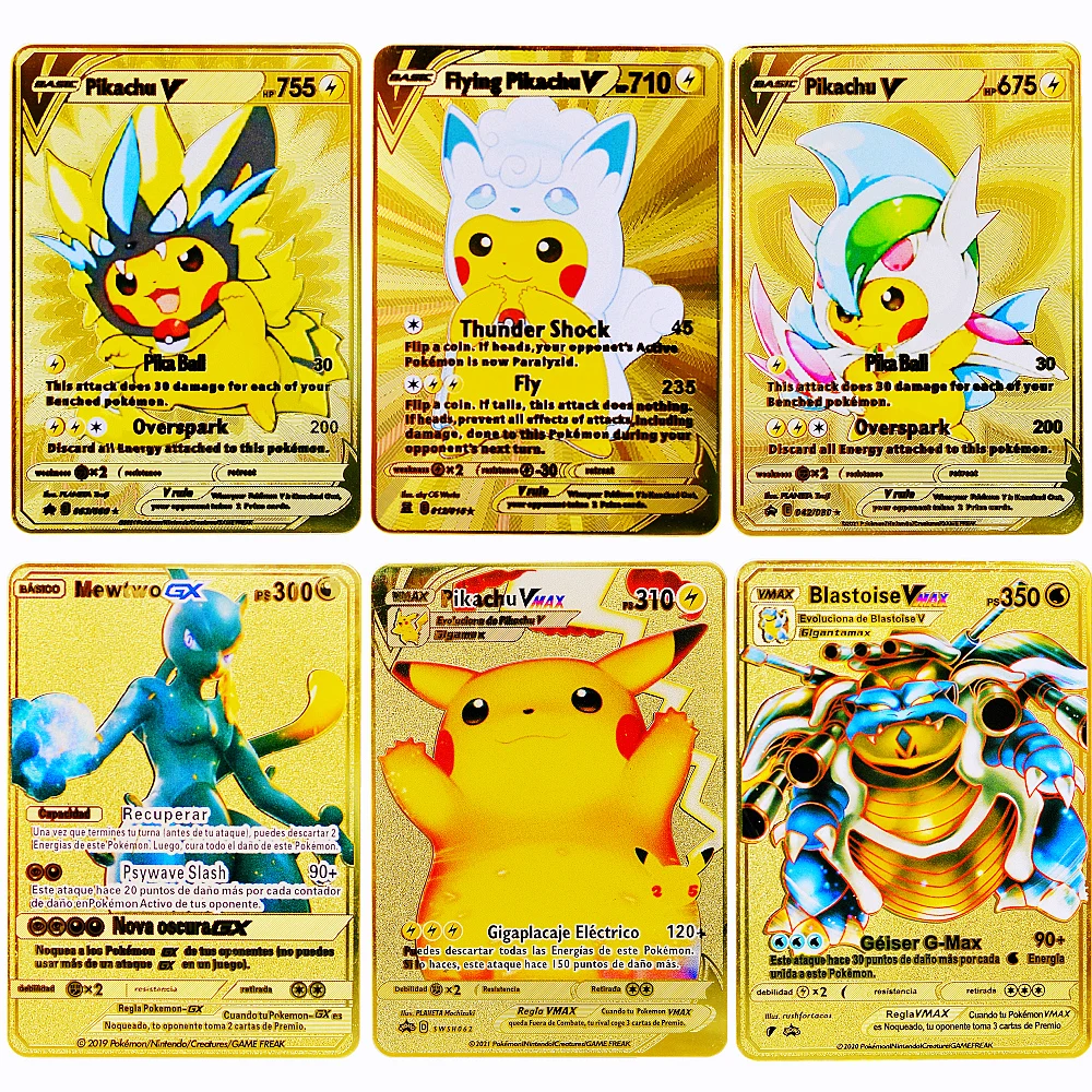 

Spanish Pokémon Cards Vmax Metal Pokemon Letters Pikachu Mewtwo Charizard Golden Pokimon Letter Metal Anime Real Iron Card Toys
