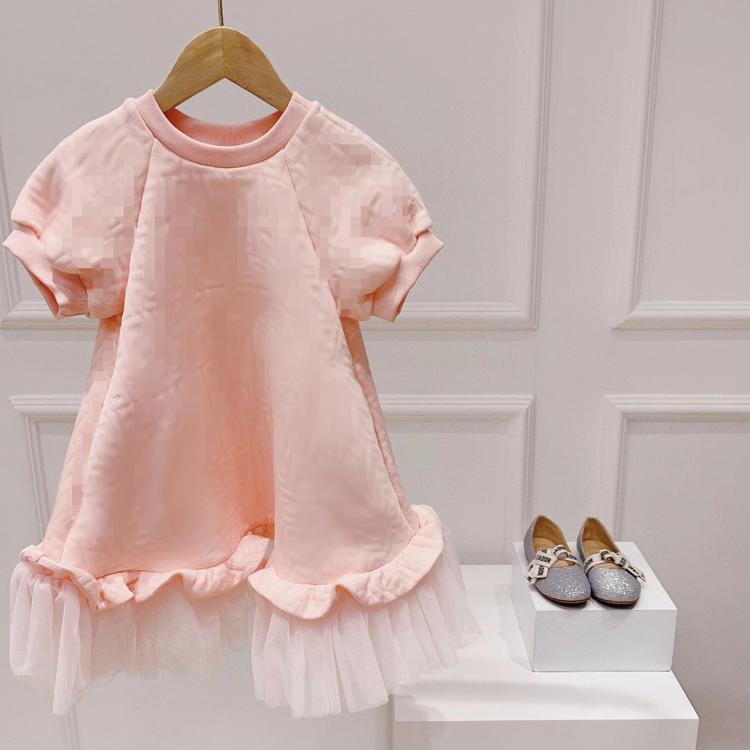 

Spring Summer High-end Pink Girls' Dresses Letter FFFF Dress Short Sleeve Bubble Sleeve Fairy Princess Dress High Quality