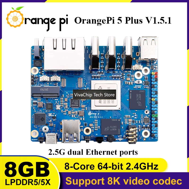 VivaChip TechOrange Pi 5 Plus 8GB V1.5.1 Одноплатный компьютер RK3588 с двумя портами Ethernet 2.5G, поддержкой PCIE, ОС Android, Ubuntu, Debian (art.: 3920da42213f4) - 3920da42213f4