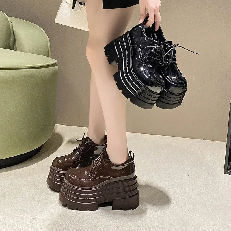 10CM Autumn Women Patent Leather Chunky Sneakers Fur Loafers High Heels Platform Winter Warm Plush Casual Snow Shoes Flats Woman