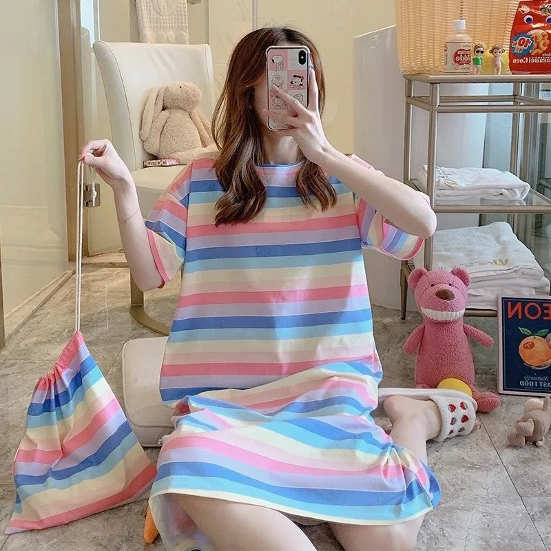 

Women Short Sleeve Homewear Nightdress Cotton Striped Nightwear Home Dressing Gown Summer New Long Nightgown X71