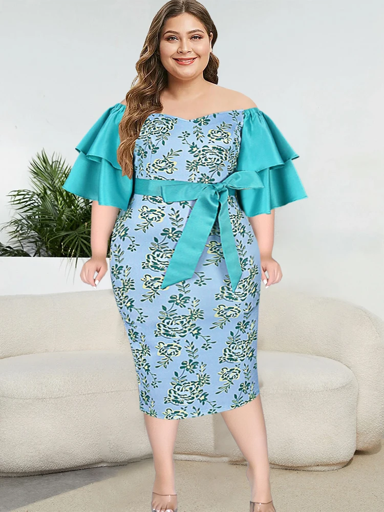 Plus Size Printed Dresses Women Green Ruffle Sleeve Bodycon Gowns Patchwork African Off Shoulder Evening Party Robes with Belt