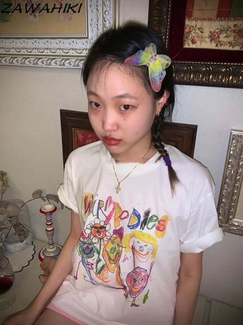 

Harajuku Clothes White Tshirt Kawaii Cartoon Graffiti Female T-shirts Y2K Aesthetic Grunge Gothic 2000s Trendy Casual Top Tee