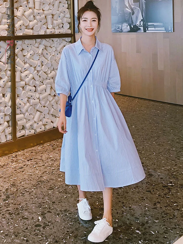 

LANMREM Lapel Single Breasted Blue Dress Short Sleeves Striped Midi Dresses Ladies Loose Casual Clothing 2022 Summer 2R2852