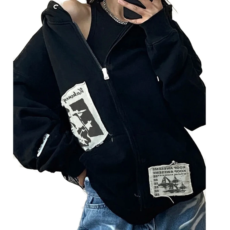 

Women Long Sleeve Hoodies Jacket Punk Vintage Patch Design Zip Up Sweatshirt