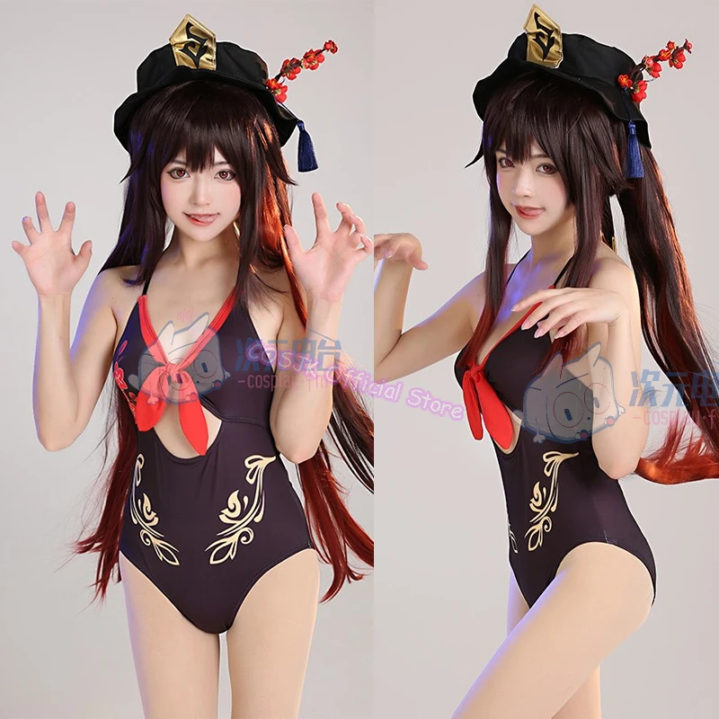

Anime Game Genshin Impact Hutao Cosplay Costume One Piece Swimsuit Bodysuit Women Summer Tight Swimwear Sukumizu Bathing Suit