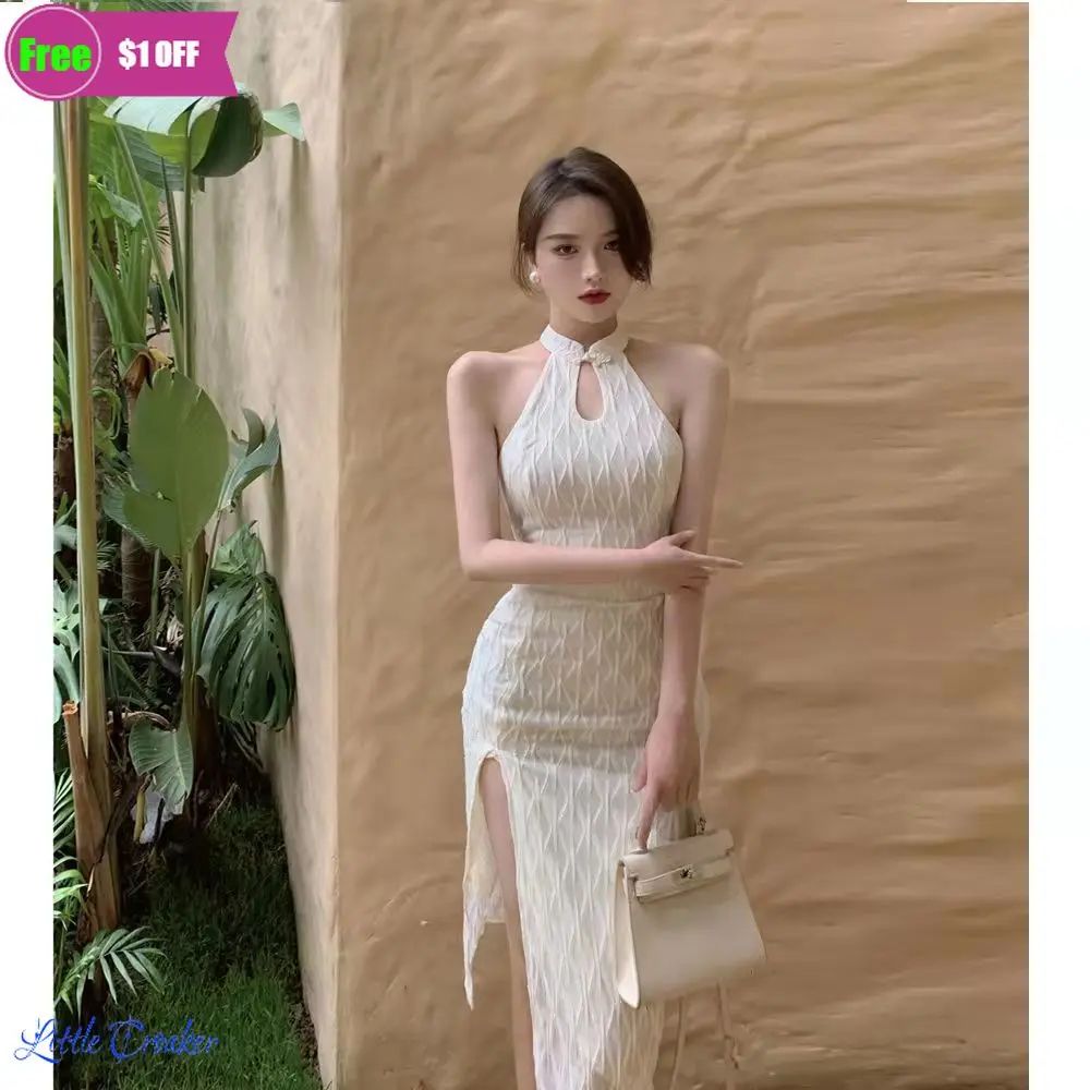 

Fashion White Split Formal Dress Women Elegant Women Nightclub Bodycon Sexy Midi Dress Retro Slim Lace Qipao Cheongsam Dress