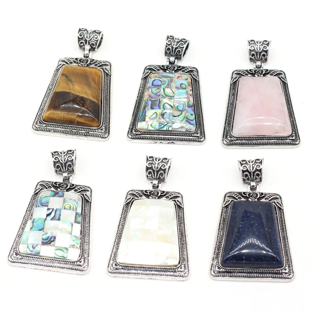 

Trapezoid Natural Stone Rose Quartzs Abalone Shell Blue Sand Stone Pendant for Jewelry Making DIY Necklace Women Gift 50x80mm