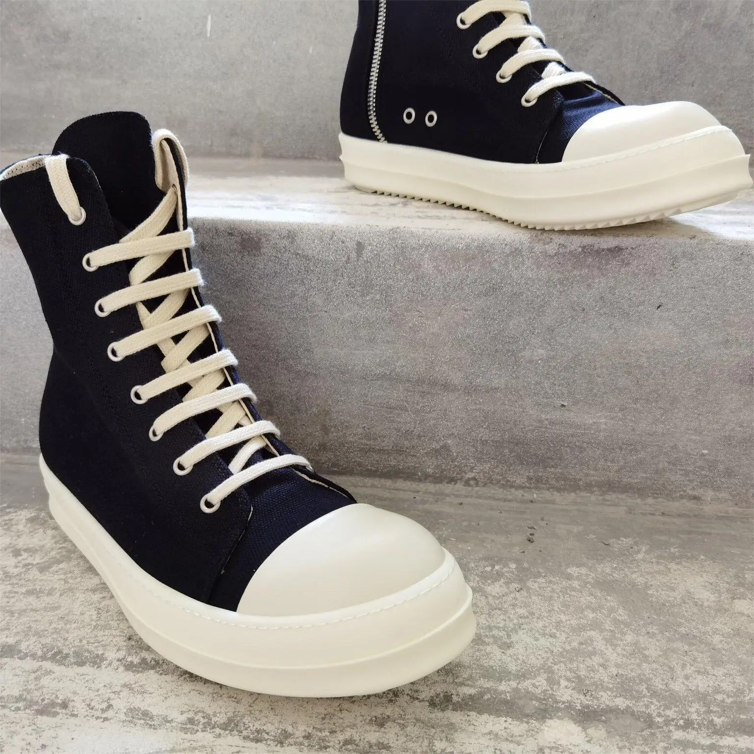 

2023 Rick Men Casual Canvas Shoes Luxury Trainers Leather Jumbo Shoeslace Boots Owens Women's Sneakers Zip High Top Flats Boots