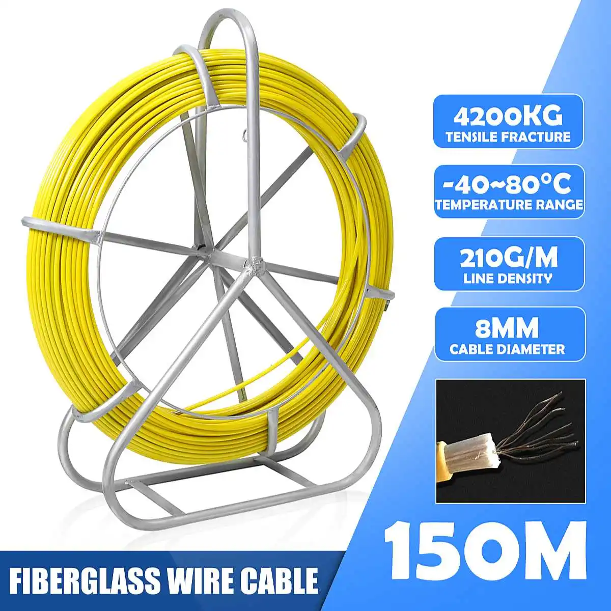 150m 8mm Fiberglass Wire Cable Running Rod Snakes Fish Tape Rodder Flexible Lead Electric Wire Power Cable Puller Machine