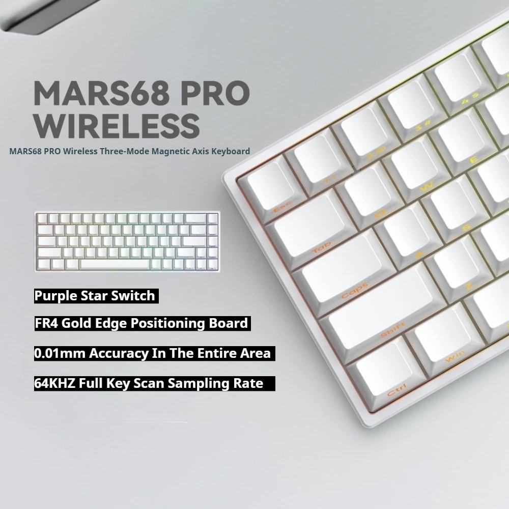 Фото Игровая клавиатура CAROTMAS Mars68 pro с магнитным переключателем 0,01 мм, механическая клавиатура с быстрым триггером, 8K, с возможностью горячей замены, SOCD, Wried/Wireless/Bt №1