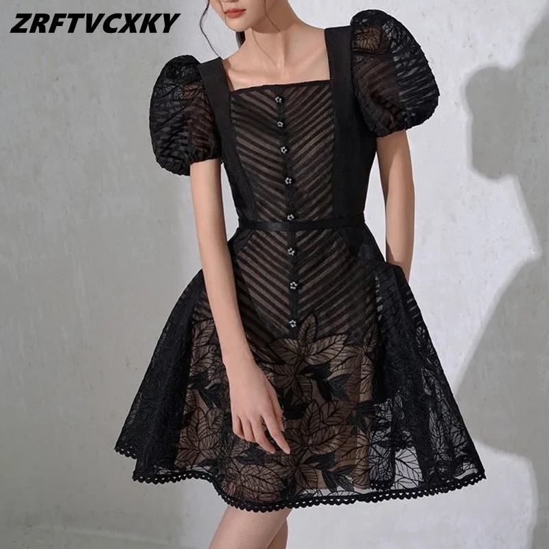 Summer Black Short Lace Dresses For Women 2023 High Quality Square Neck Puff Sleeve Runway Mesh Hollow Crochet Mini Dress