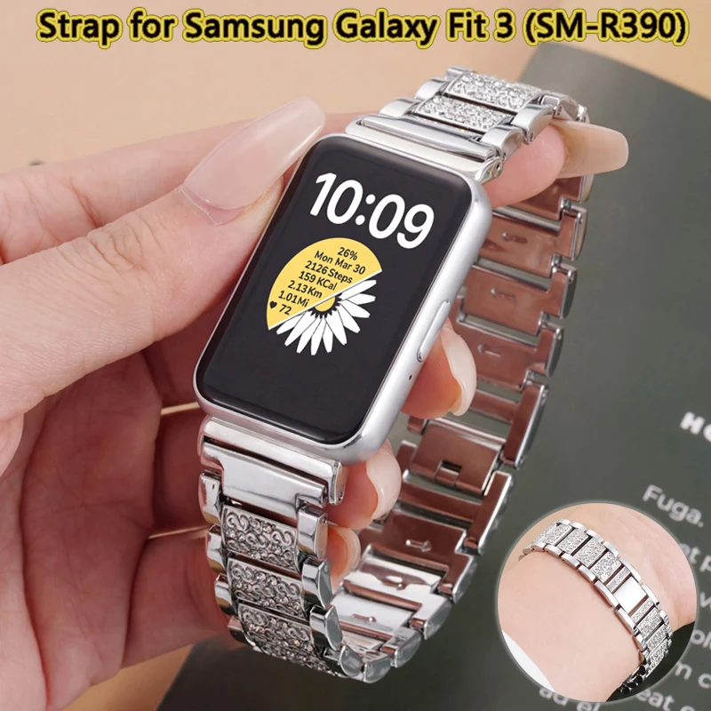 Фото Ремешок для Samsung Galaxy Fit3 SM-R390, женский блестящий металлический браслет с бриллиантами, защитный, сменный, для часов №1