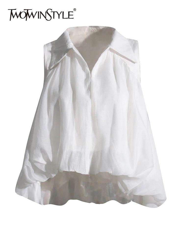 

TWOTWINSTYLE Patchwork Folds Shirts For Women Lapel Sleeveless Loose Casual Solid Temperament Blouse Female Fashion Clothing New