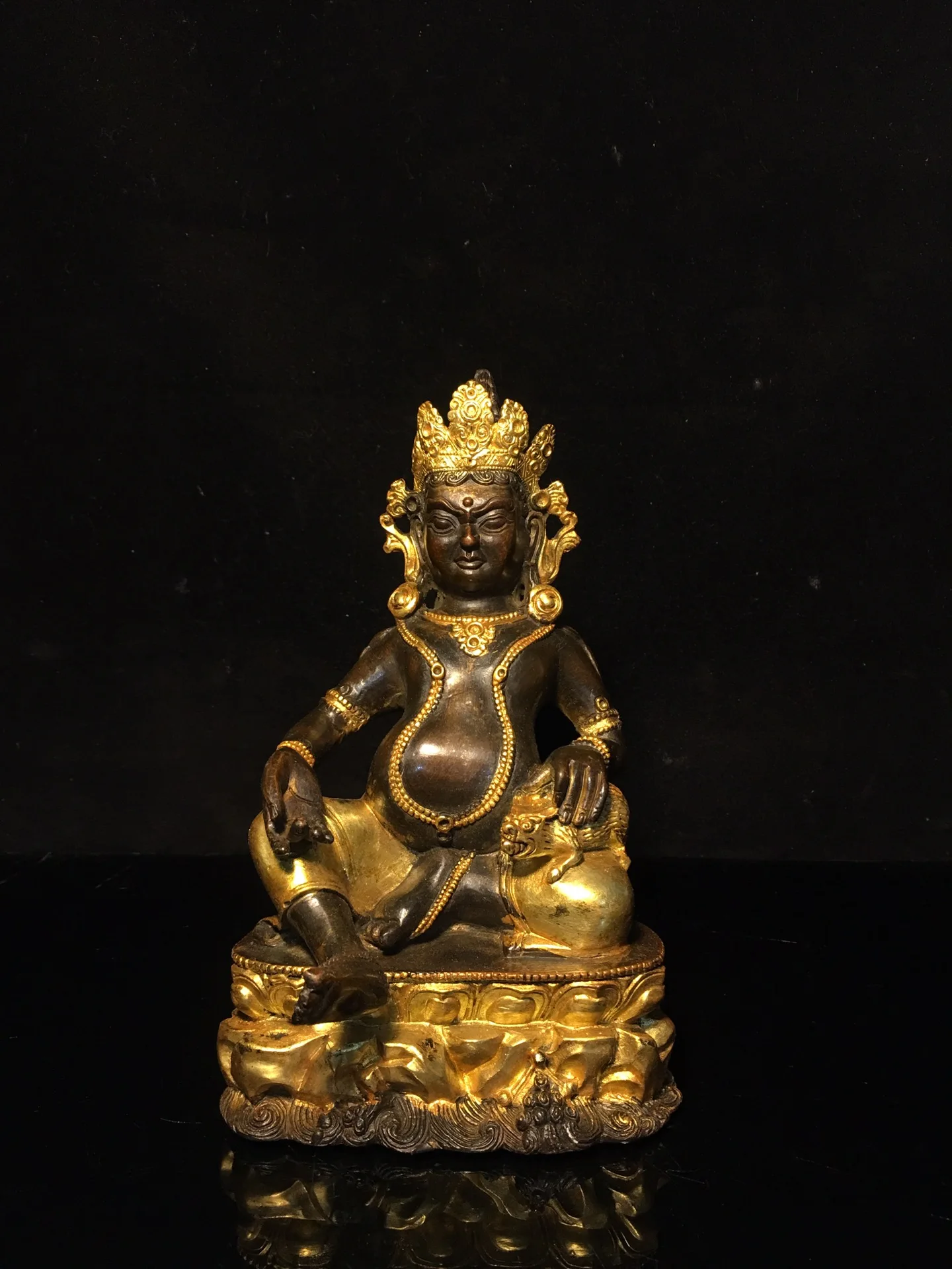 

7" Tibetan Temple Old Bronze Lacquer Cinnabar Huang Caishen Yellow God of Wealth Buddha Statue Tantra Protector Enshrine