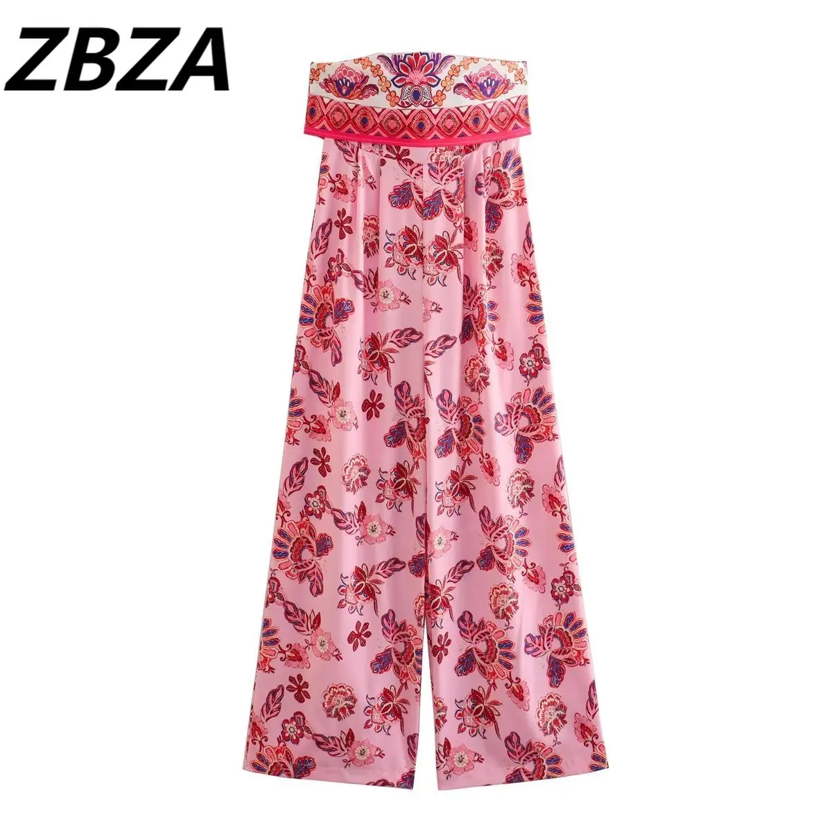

ZBZA Women 2023 New Chic Fashion Summer Pink Colour Printed Tube Top Jumpsuits Vintage Relaxed Zipper Female Playsuits Mujer