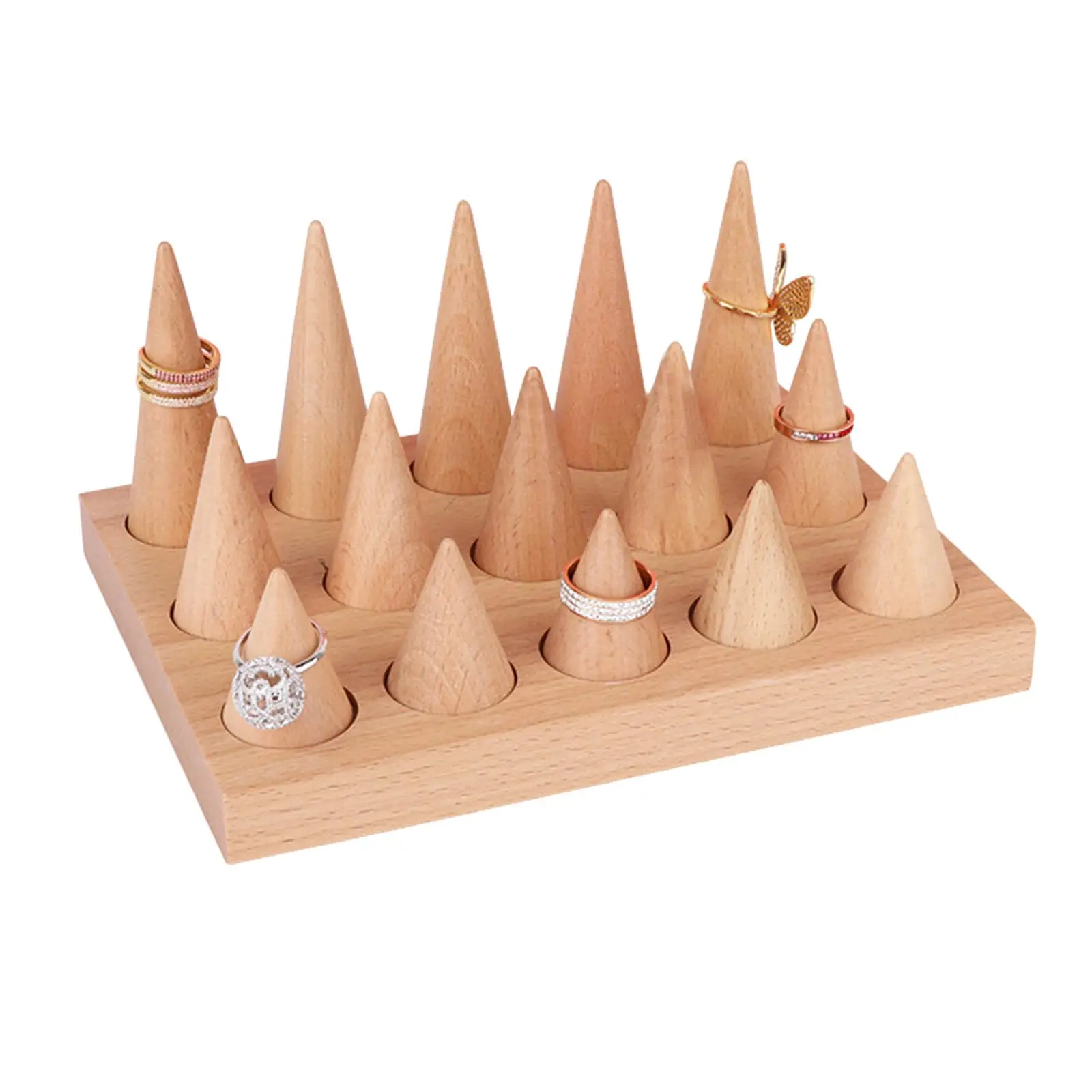 

Natural Wood Rings Display Stands Storage 15 Cones Ring Holder Organizer with Tray for Showcase
