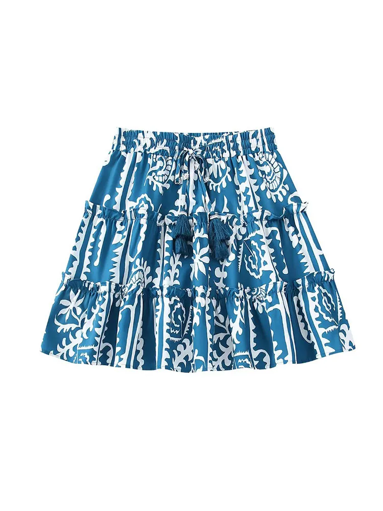 

Женская короткая юбка с принтом, Повседневная Свободная трапециевидная юбка с высокой талией и поясом на резинке в стиле ретро, лето 2022