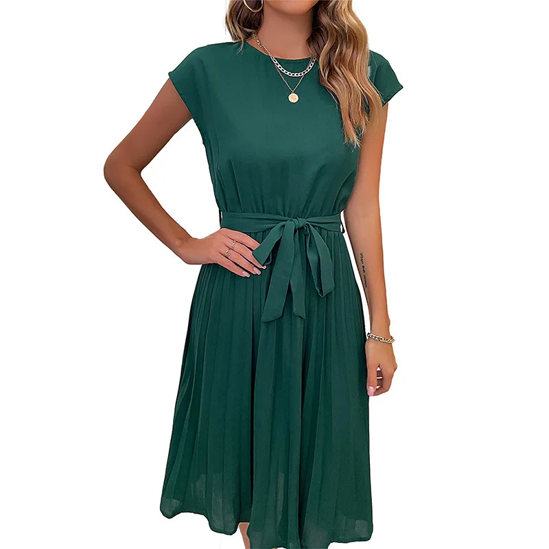 

Women's Lace up Solid Pleated tunic Dress Elegant 2023 Summer Vacation Fashion Casual Beach Sun dress O Neck Short Sleeve Dress