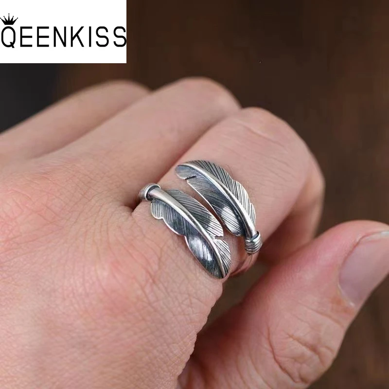 

QEENKISS RG6894 Fine Jewelry Wholesale Fashion Man Father Boyfriend Party Birthday Wedding Gift Vintage Feather Tai Silver Ring