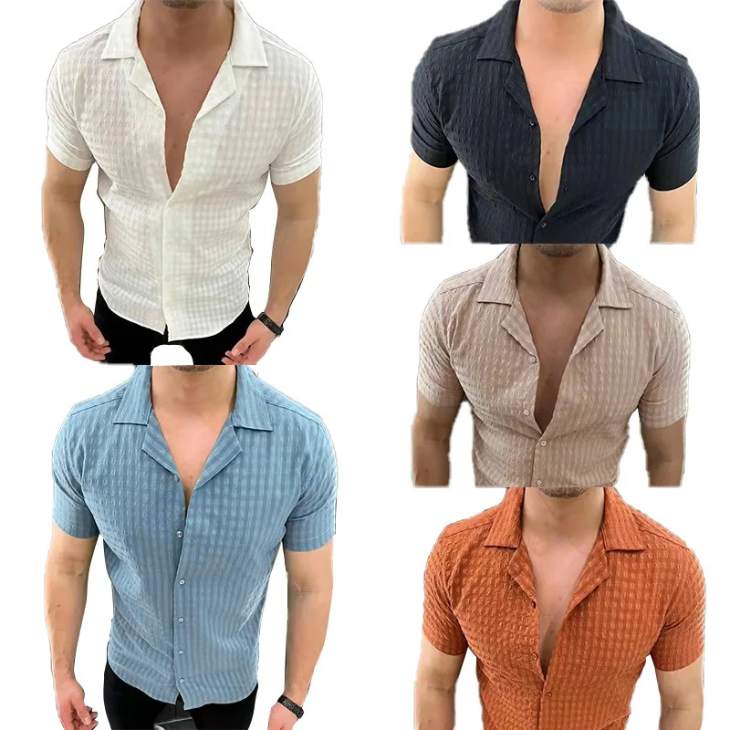 

Summer Men's New Trend Lapel Buckle Cardigan Casual Solid Color Threaded Cuff Short Sleeve T-Shirt Shirt
