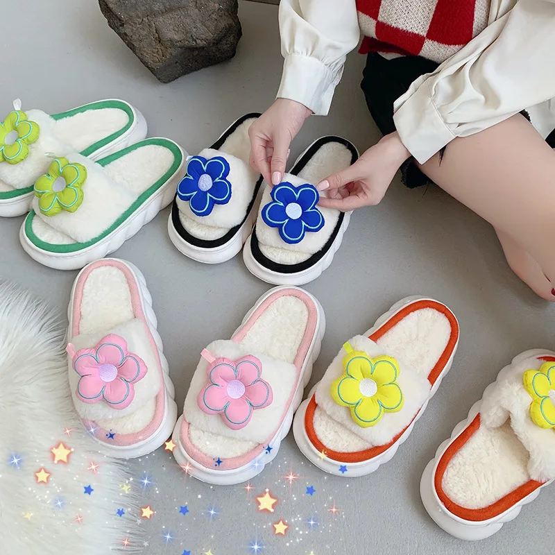 

Цветочные Мягкие пушистые тапочки, женские мягкие сланцы с открытым носком и облаком, женская обувь на платформе, осенне-зимние домашние уд...