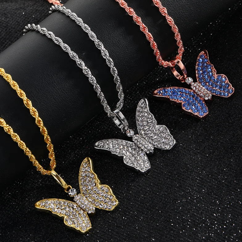 

Luxury Bling Cuban Chain Gold Silver Color Butterfly Pendant Full Rhinestone Choker Chain Necklace Women Jewelry Romantic Gifts