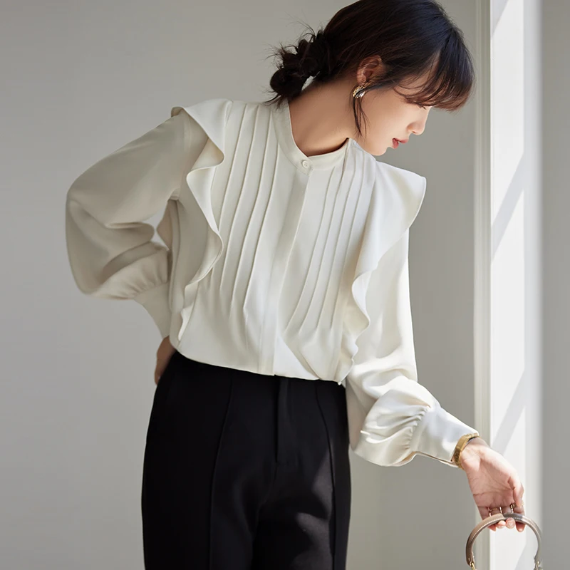 

White Shirt for Women Summer 2023 New In Ruffles Blouses Long Sleeve Slim Fit Korean Top O-Neck Casual Fashion Clothing