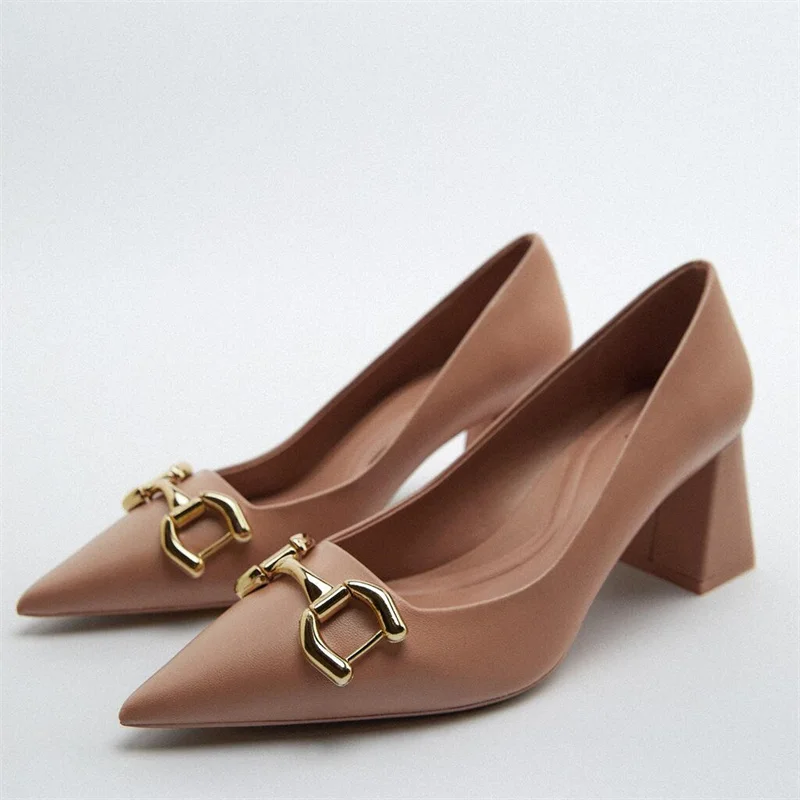 

ZA 2022 Women's Buckled Heeled Shoes Summer Pointed Toe Heeled Leather Pumps Elegant Office Lady Heels Fashion Slip on Pump