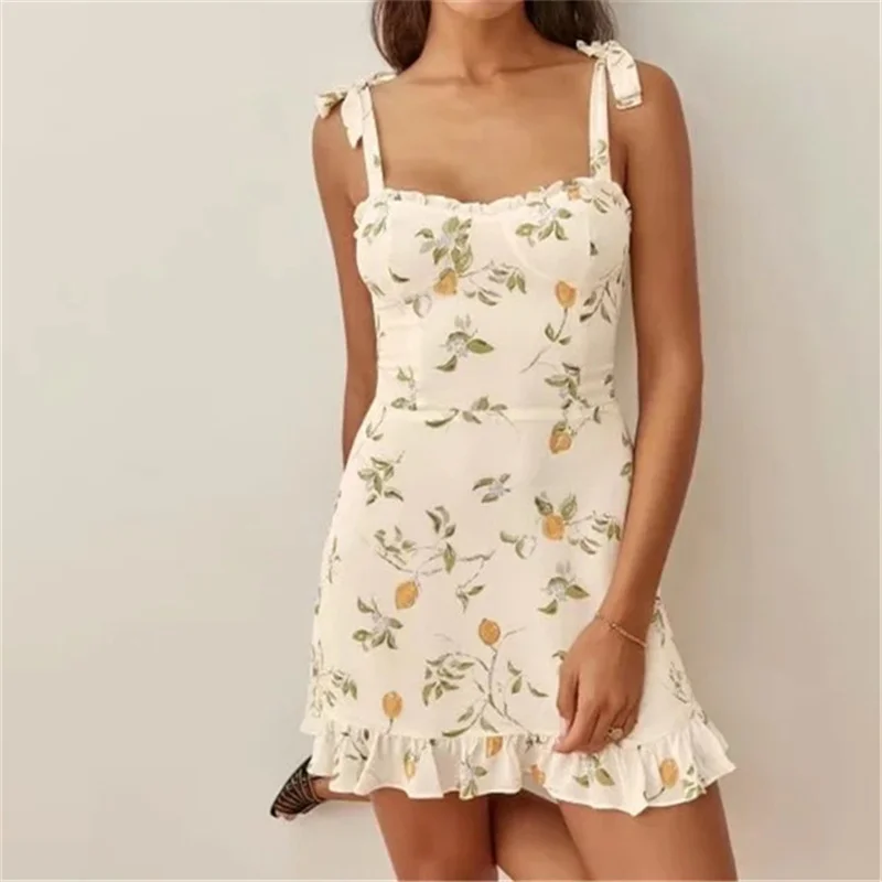 

Fruit Lemon Print Sexy Mini Summer Dress Sundress Ruffles Lace Up Short Vintage Beige Boho Dress Women Chiffon Floral Dress 2022
