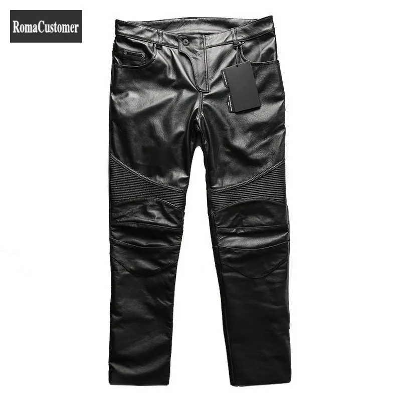 

Mens Genuine Leather Pants Biker Cowhide Pants Thicken Casual Straight Winter Windproof High Quality Vintage Slim Trousers