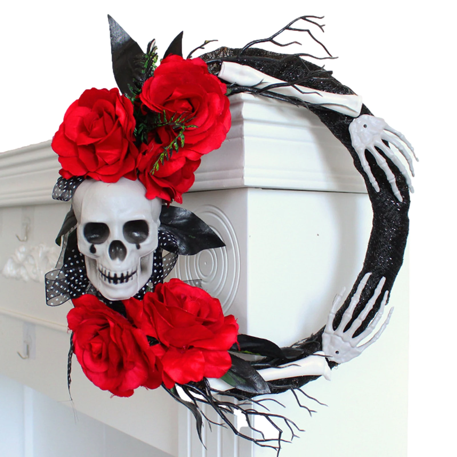 

Венок с черепом на Хэллоуин для входной двери, ужасный венок на Хэллоуин с черепом и искусственными розами, Декор для дома с привидениями че...