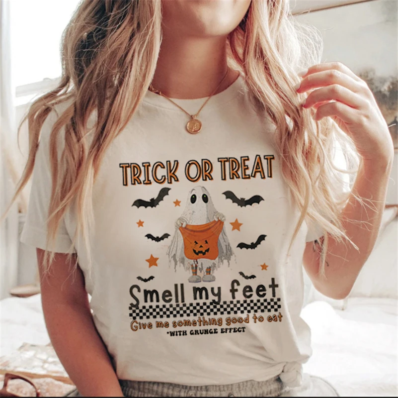 

Забавная футболка с мультяшными буквами, модная Осенняя Повседневная футболка на Хэллоуин, одежда для женщин, женский костюм, женская футбо...