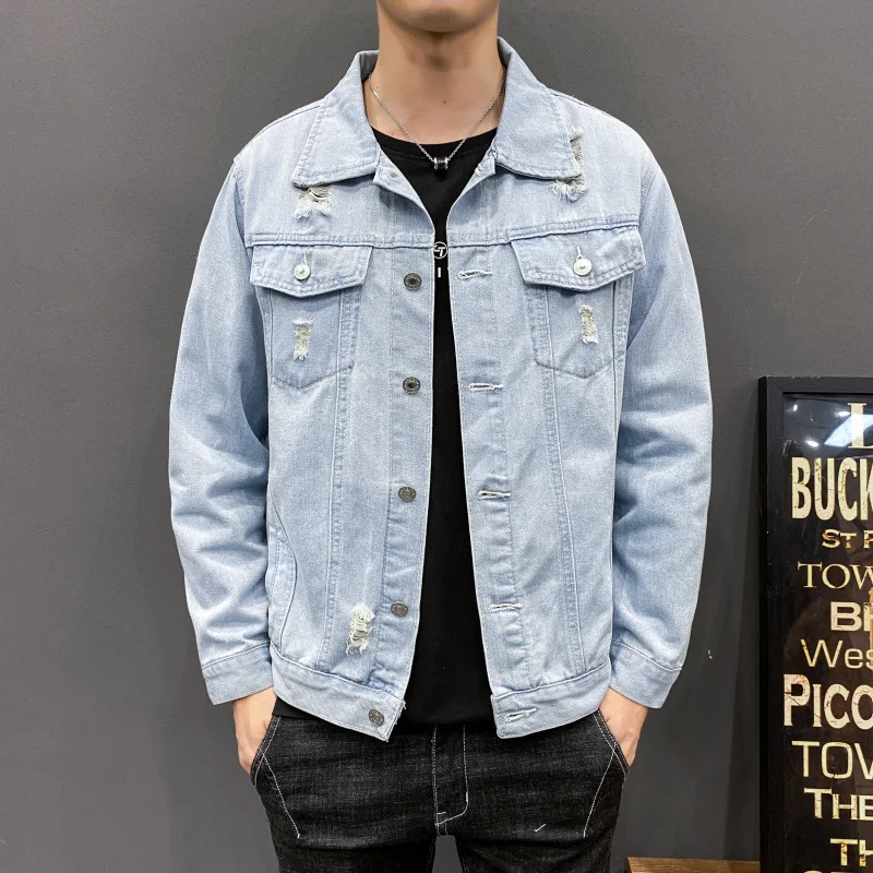 

Мужская джинсовая куртка с дырками, синяя или черная Свободная джинсовая куртка, Повседневная Уличная одежда, весна-осень 2022