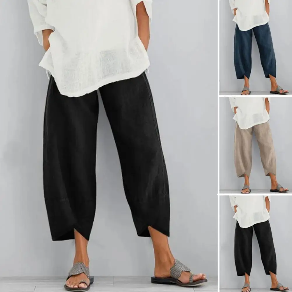 Women Pants Loose Fit Pockets Elastic Waist Comfortable Cool Daily Collocation Cotton Linen Wide-Leg Trousers Women Clothes