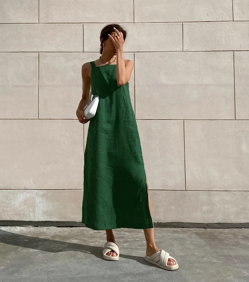 

Clothland Women Elegant Green Cotton Linen Dress Sleeveless Backless One Piece Summer Retro Midi Dresses Vestido QC622