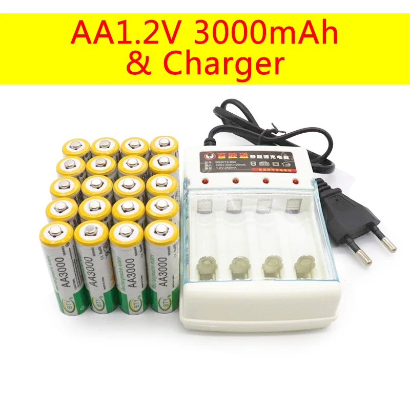 Перезаряжаемый аккумулятор BTY 1,2 в AA 3000 мАч NiMH с зарядным устройством для телефона, цифровая камера, ремешок, пианино, Портативный ТВ-фонарь, ...