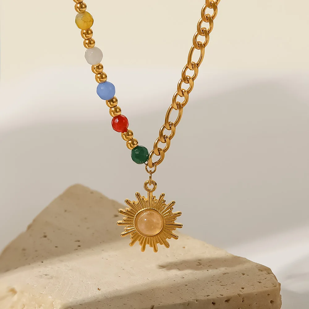 

QMHJE Sun Pendant Necklace Women Men Charm Choker Stainless Steel Geometric Link Chain Colorful Opal Stone Waterproof Gold Color