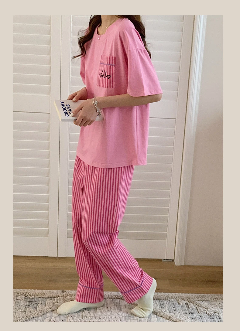 Новинка Хлопковая женская пижама одежда для сна с принтом в полоску комплекты