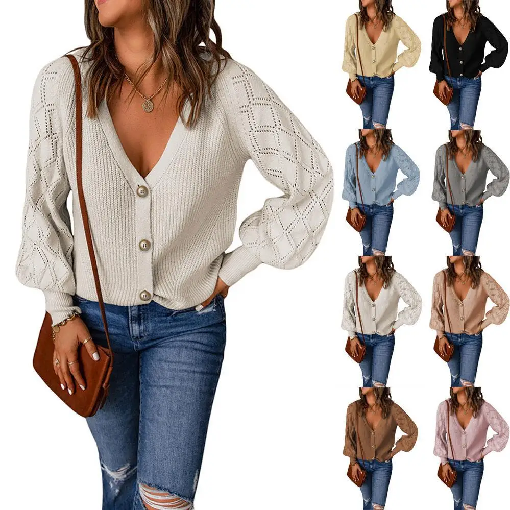 

European and American autumn new solid color rhombus puff sleeve knitted sweater jacket women loose single-breasted cardigan