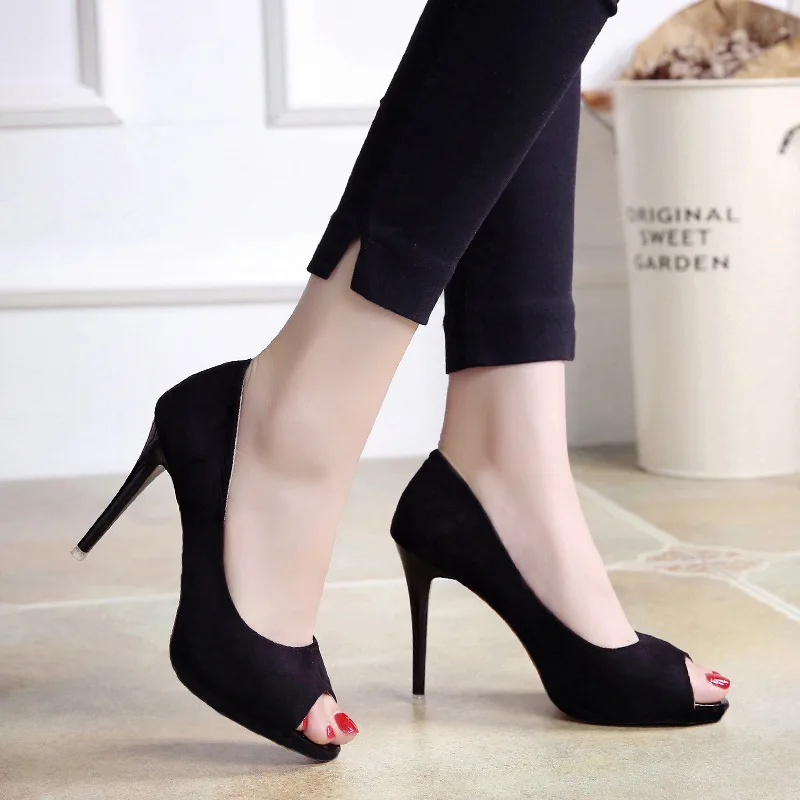 Fashion OL Summer Pumps For Women Office Shoes Solid Peep-toe 10cm High Heels Womans Party Shoes Flock Black Female Heeled Shoes