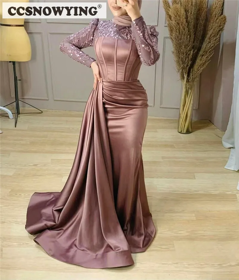 Dusty Rose Mermaid Hijab Muslim Evening Dresses Long Sleeve Islamic Formal Party Gowns Satin Sequin Arabic Kafan Robes De Soirée