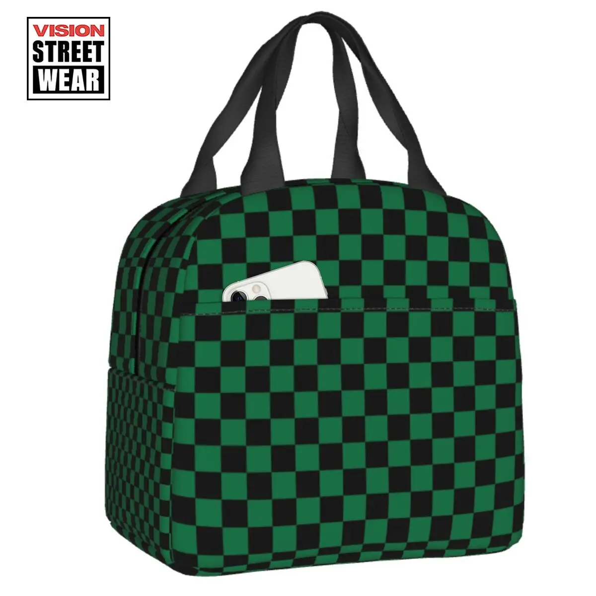

Black And Cadmium Green Checkerboard Insulated Lunch Bag For Outdoor Picnic Checkered Cooler Thermal Bento Box Children
