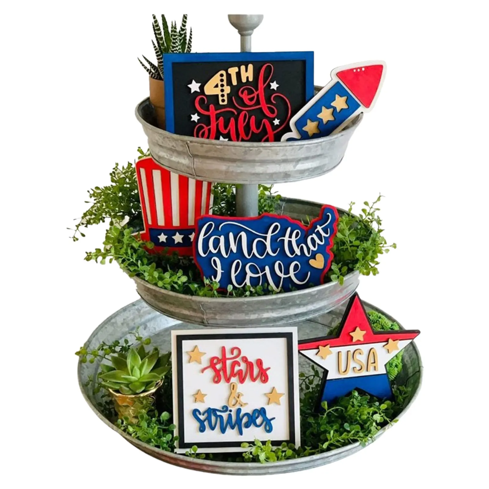 

July 4th Tiered Tray Decors Veteran Memorial Day Wooden Table Signs For Tiered Trays Blue White Red Patriotic Signs Blocks Table