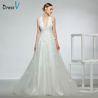 dressv elegant v neck a line wedding dress sleeveless hollow backless zipper floor length simple bridal gowns wedding dresses
