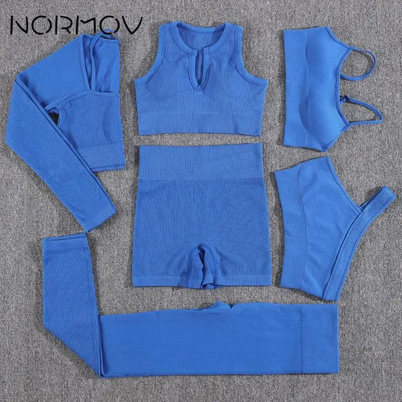 

NORMOV 2/3/4/6 шт. спортивные комплекты ребристые бесшовные спортивные комплекты 6 стилей с длинным рукавом юбка шорты с высокой талией спортивный костюм для фитнеса