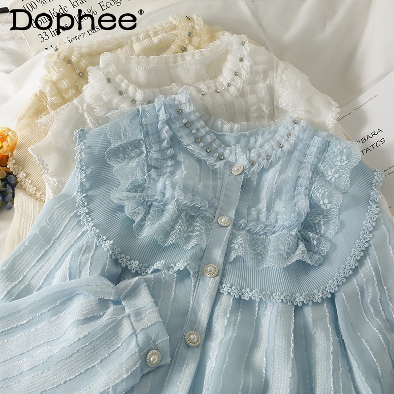 

Sweet Lace Ruffles Hot Rhinestone Round Neck Blouse Tops Women 2022 Spring New Loose Slimming Single-Breasted Long Sleeve Shirt