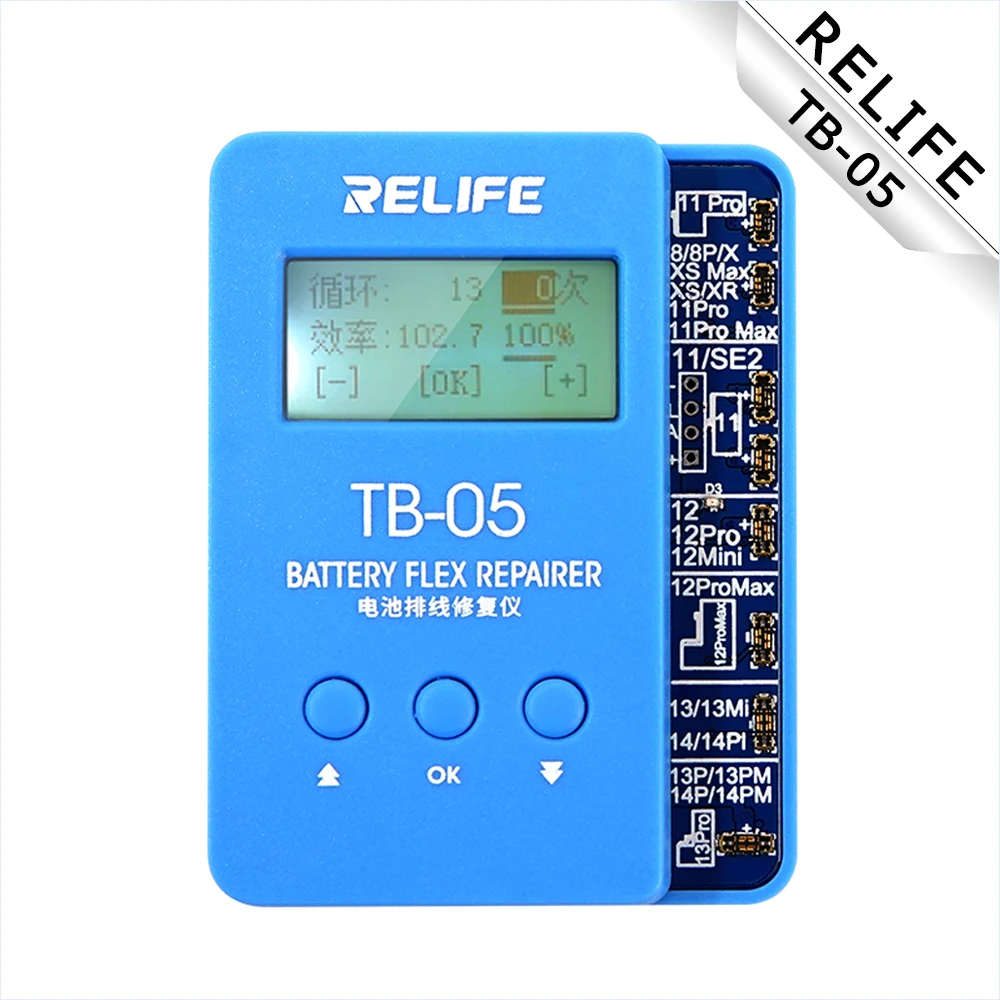 

Battery Repair Instrument RELIFE TB-05 for IP8G XSMax XR 11 12 13 MINI 13P 13PM 14P 14 PRO MAX Battery Data Cycles Recovery Tool