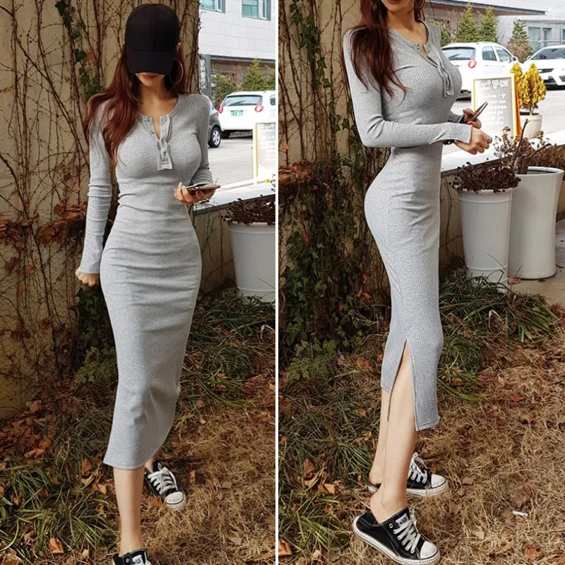 

All-match Spring Tight O Neck Long Sleeve Grey Cotton Dress Women Split Wrap Hip Black Plus Size Bottom Vestido Feminino Casual